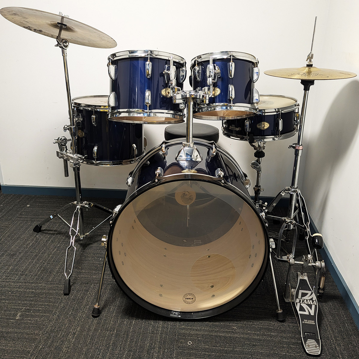 Tama Swingstar 5 Piece Drum Kit w Stands Cymbals Stool Blue Used Includes Warranty