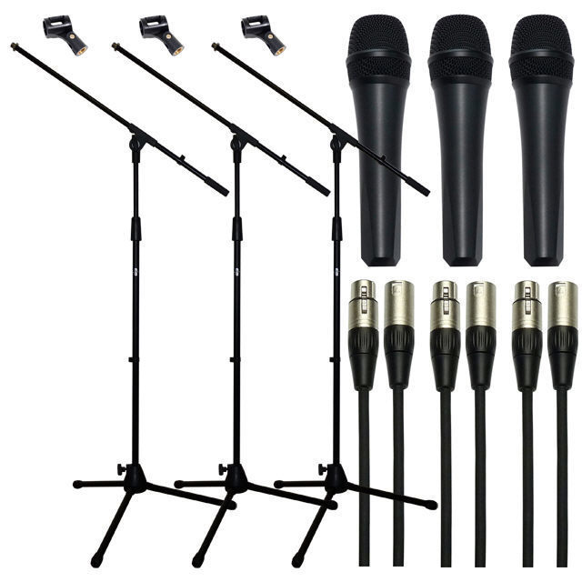 3 Pack Vocal Microphone Mic Stand and 5m XLR Mic Cable +Mic Clips DP