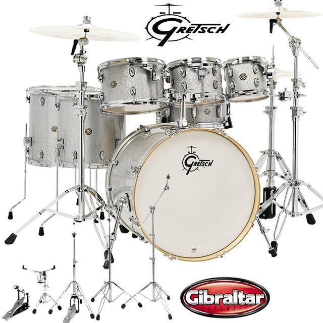 Gretsch Catalina Maple 7 Piece Drum Set SIlver Sparkle Gibraltar 5700 Hardware