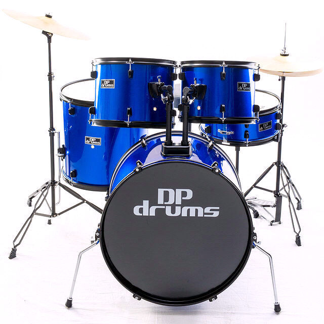 5 Piece Full Size Drum Kit Package Cymbals Stool Blue DP Drums Starter