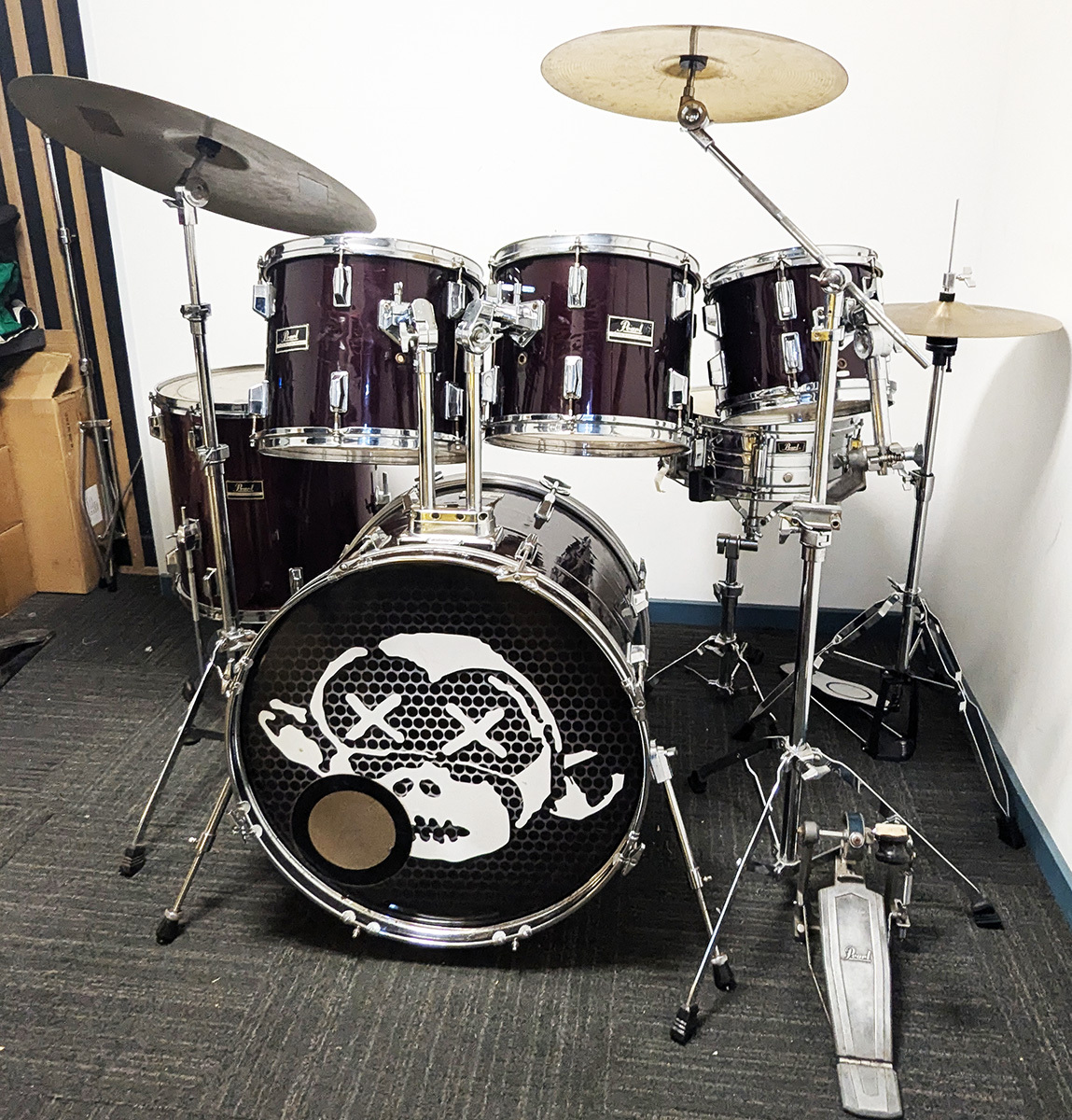 Used Pearl Export 80 s 6 Piece Drum Kit w Stands 14 16 22 Cymbals Wine Red Includes Warranty