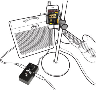 iRig STOMP with guitar, amp, and iPhone with iKlip