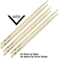 Vater 3 x Pair of 5AN Nylon Tip Drum Sticks