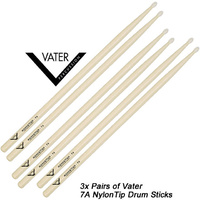 Vater 3 x Pair of 7A N Nylon Tip Drum Sticks