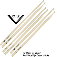 Vater 3 x Pair of 7AW Wood Tip Drum Sticks