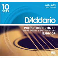 D&#39;addario EJ16 10 Pack Phosphor Bronze Acoustic 12-53 Light Guitar Strings Set