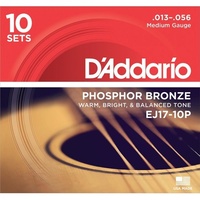 D'addario EJ17 10 Pack Phosphor Bronze Acoustic 13-56 Medium Guitar Strings Set