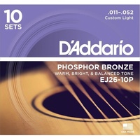 D'addario EJ26 10 Pack Phosphor Bronze Acoustic 11-52 Cust Light Guitar Strings Set