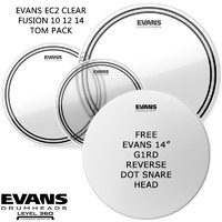 Evans EC2 Clear Fusion Size and 14 inch Reverse Dot Snare Drum pack Level 360 10 12 14 EPP-EC2SCLR-F