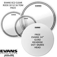 Evans EC2 Clear Rock 10" 12" 16" Tom Pack +14" Power Centre Reverse Dot Snare Head