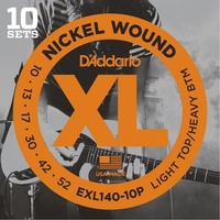 D'addario EXL140 10 Pack Electric 10-52 Guitar Strings Set Light Top/Heavy Bottom Nickel Wound