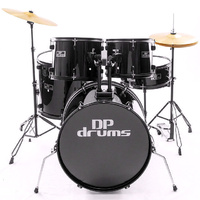 5 Piece Full Size Drum Kit Package Cymbals Stool Black DP Drums Starter Plus