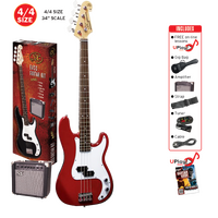 SX PB Style Electric Bass Guitar Pack w/15 Watt Amp Candy Apple Red SB2SKCAR