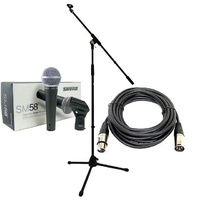 Shure SM58 Vocal Microphone + Microphone Boom Stand + 5m XLR Mic Cable + Clip Pack