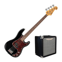 SX Vintage P-Style Bass w/Bag Black +Ashdown Studio Junior 15 Watt Bass Amp Pack
