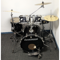 Used Ludwig Accent CS 5 Piece Drum Kit w/Stands + New BTB20 14, 16, 20 Cymbals - Black - Includes Warranty