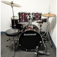 Used Ludwig Accent 5 Piece Drum Kit w/Stands Cymbals + Stool - Wine Red - Includes Warranty