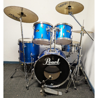 Used Pearl Export 80&#39;s 5 Piece Drum Kit w/Stands + Paiste, Zildjian 14,16,20 Cymbals - Blue - Includes Warranty