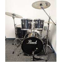 Used Pearl Export 1990&#39;s 5 Piece Drum Kit w/Stands + Paiste 14,16,20 Cymbals - Black - Includes Warranty
