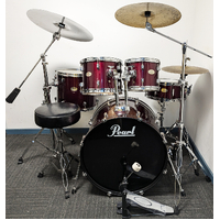 Used Pearl Forum 5 Piece Drum Kit w/Stands, 14, 16, 20 Cymbals + Stool - Wine Red - Includes Warranty