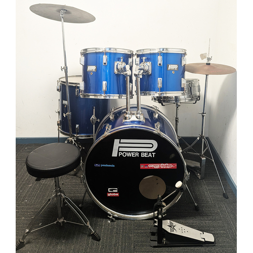 Used 5 Piece Powerbeat Drum Kit w/Stands Cymbals Stool - Blue - Includes Warranty