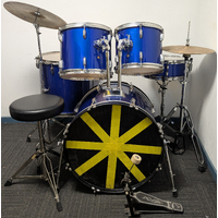 Used 5 Piece Drum Kit Full Size w/Stands Cymbals Stool - Blue - Includes Warranty