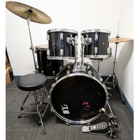 Used 5 Piece Drum Kit w/Stands Cymbals + Stool - Black -  Includes Warranty