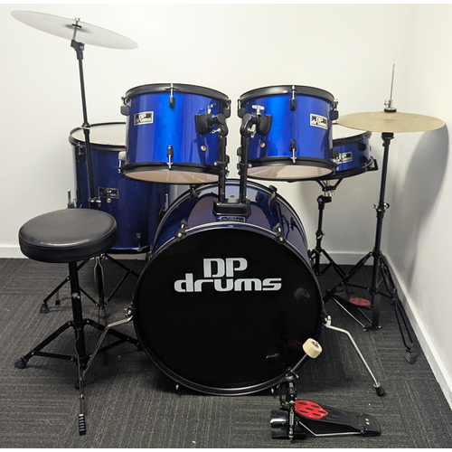Used DP Drums 5 Piece Drum Kit w/Stands Cymbals + Stool - Blue - Includes Warranty