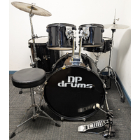 Used DP Drums Xtreme 5 Piece Drum Kit w/Stands Cymbals + Stool - Black - Includes Warranty