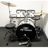 Used DP Drums Xtreme 5 Piece Drum Kit w/Stands BTB20 Cymbals + Stool - White - Includes Warranty