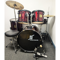Used DP Percussion 5 Piece Drum Kit w/Stands Cymbals + Stool - Wine Red - Includes Warranty