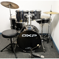 Used DXP 5 Piece Drum w/Stands Cymbals + Stool - Black - Includes Warranty