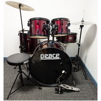 Used Peace5 Piece Drum Kit w/Stands Cymbals + Stool - Wine Red - Includes Warranty