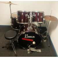 Used Peace 5 Piece Drum Kit w/Stands Cymbals + Stool - Wine Red - Includes Warranty