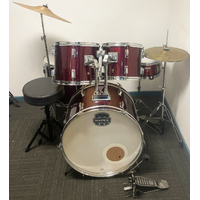 Used Percussion Plus 5 Piece Drum Kit w/Stands Cymbals + Stool - Wine Red - Includes Warranty