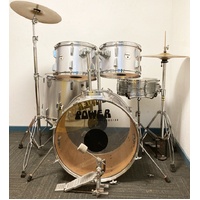 Used Power Percussion 5 Piece Drum Kit w/Stands Cymbals + Stool - Silver -  Includes Warranty