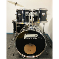 Used Powerbeat 5 Piece Drum Kit w/Stands Cymbals - Black - Includes Warranty