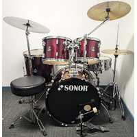 Used Sonor 507 5 Piece Drum Kit w/Stands, 14, 16, 20 Cymbals + Stool - Wine Red - Includes Warranty