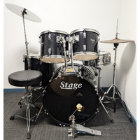 Used Stage 5 Piece Drum Kit w/Stands Cymbals + Stool - Black - Includes Warranty