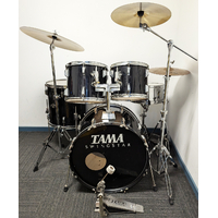Used Tama Swingstar 5 Piece Drum Kit w/Stands, 14, 16, 20 Cymbals, Stool - Black - Includes Warranty