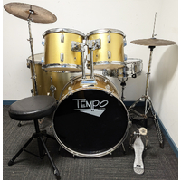 Used Tempo 5 Piece Drum Kit w/Stands Cymbals + Stool - Gold -  Includes Warranty